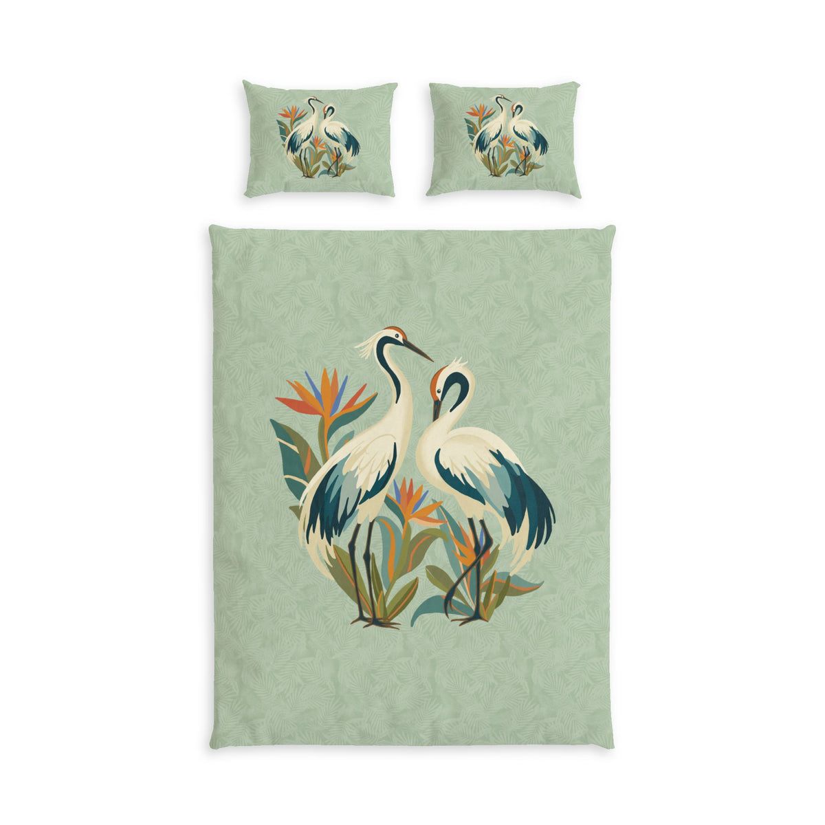 Cotton Bed Set with Vintage Heron and Tropical Botanical Design