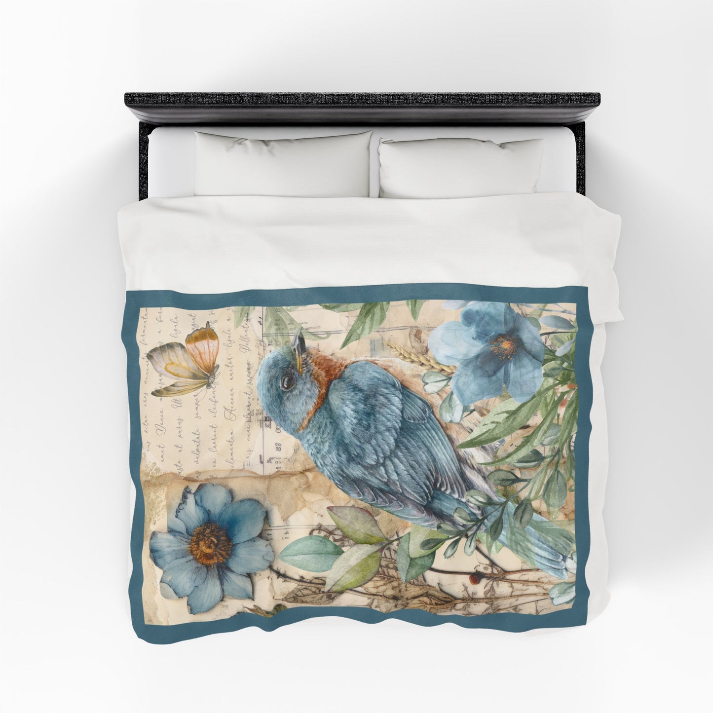 Vintage Bluebird Velveteen Plush Blanket — Soft Velvety Throw