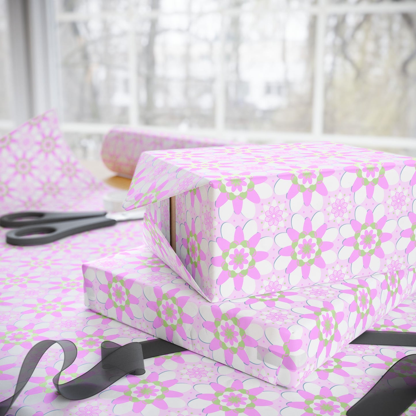 Pink & Green Flowers Wrapping Paper