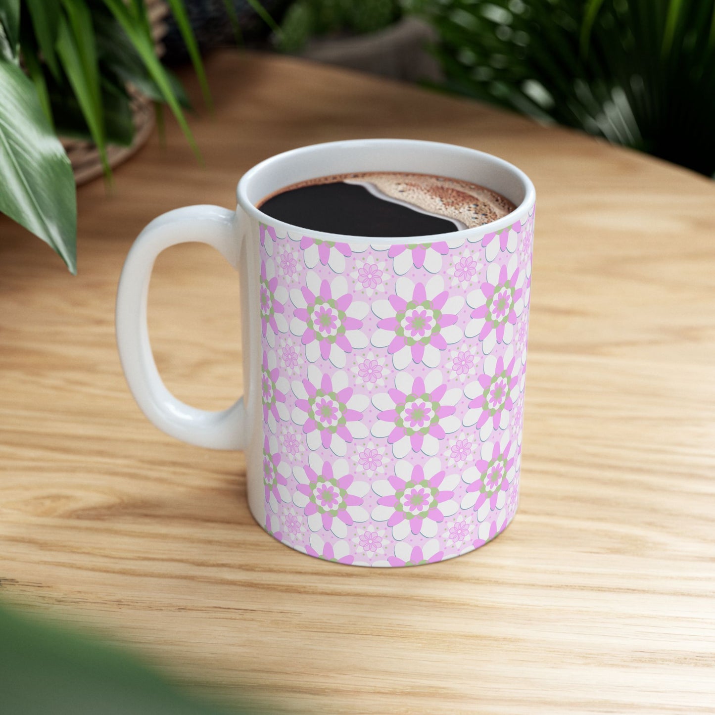 Pink and Green Floral Mug, Gift for Mom, Gifts for Grandma, Coffee Lover, Pink Flowers, Coffee Cup Gift, Cute Coffee Mug, Cute Gift for Mom,
