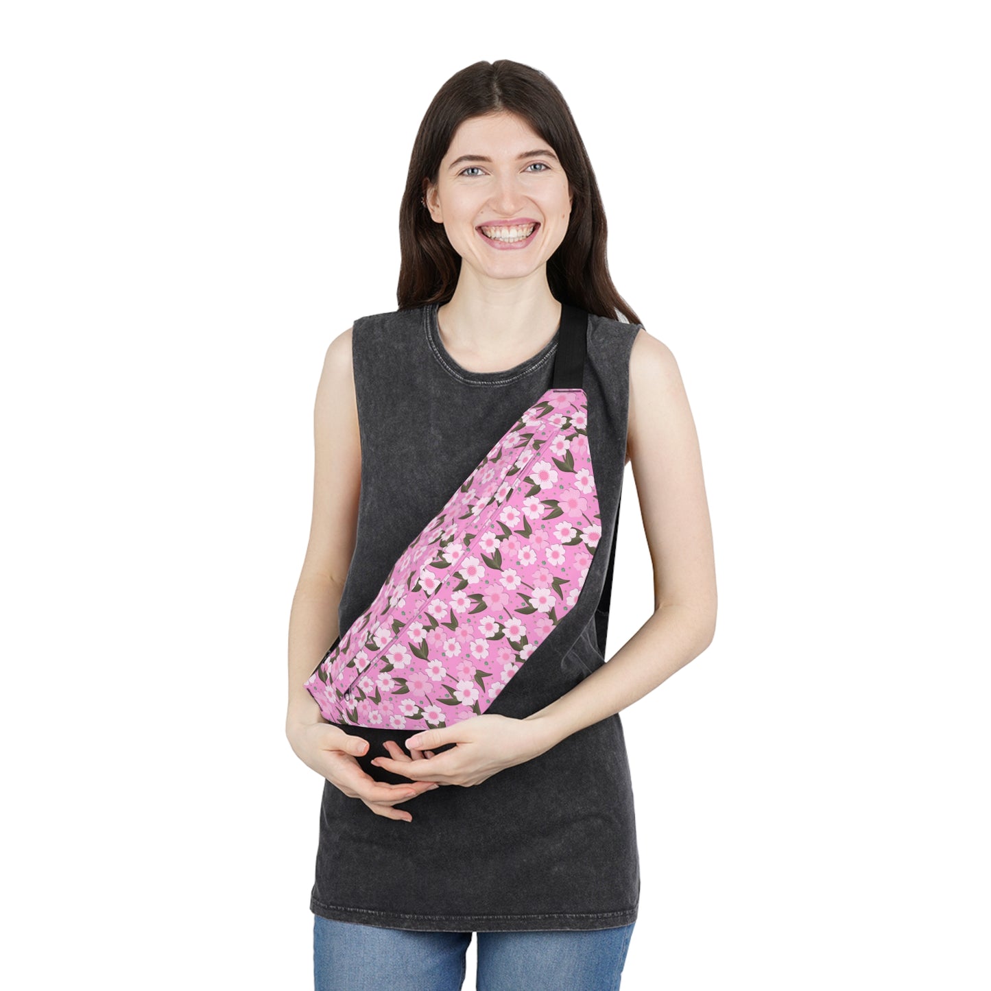 Large Pink & White Flower Belt Bag, Fanny Pack, Sling Pack