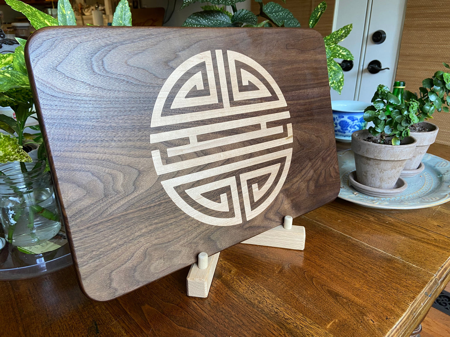 Walnut Charcuterie Board with Chinese Shou Symbol - Longevity Inlay