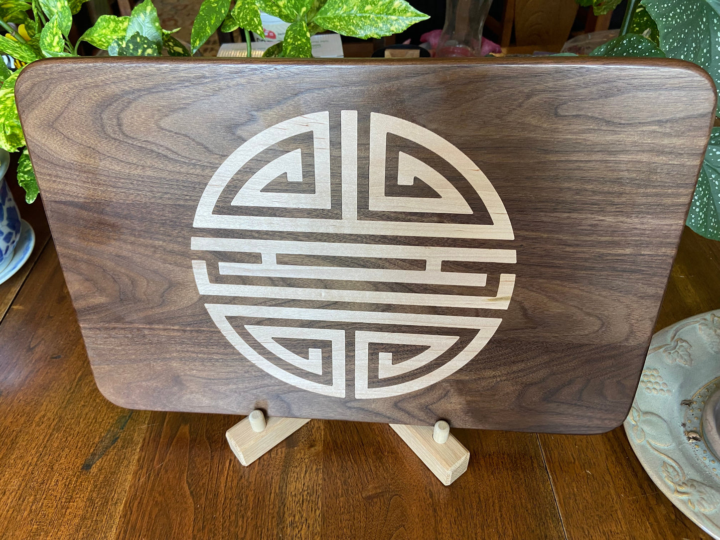 Walnut Charcuterie Board with Chinese Shou Symbol - Longevity Inlay