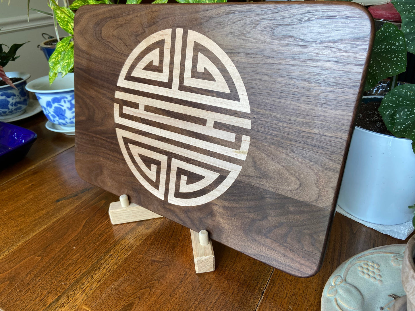 Walnut Charcuterie Board with Chinese Shou Symbol - Longevity Inlay