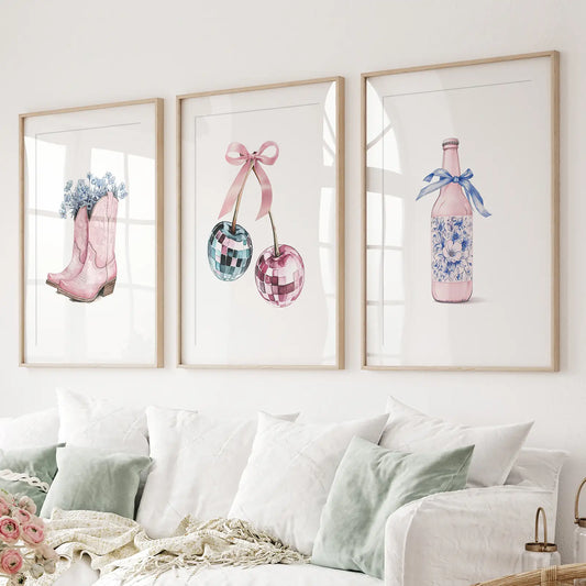 Cherries Disco Ball Preppy Pink Wall Art Prints