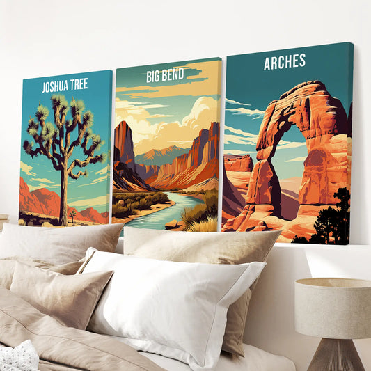 3 Piece USA National Park Art. Big Bend, Arches, Joshua Tree
