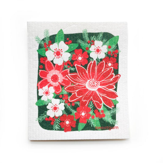 Red Flowers Tea Towel + Poinsettia Swedish Dishcloth Bundle