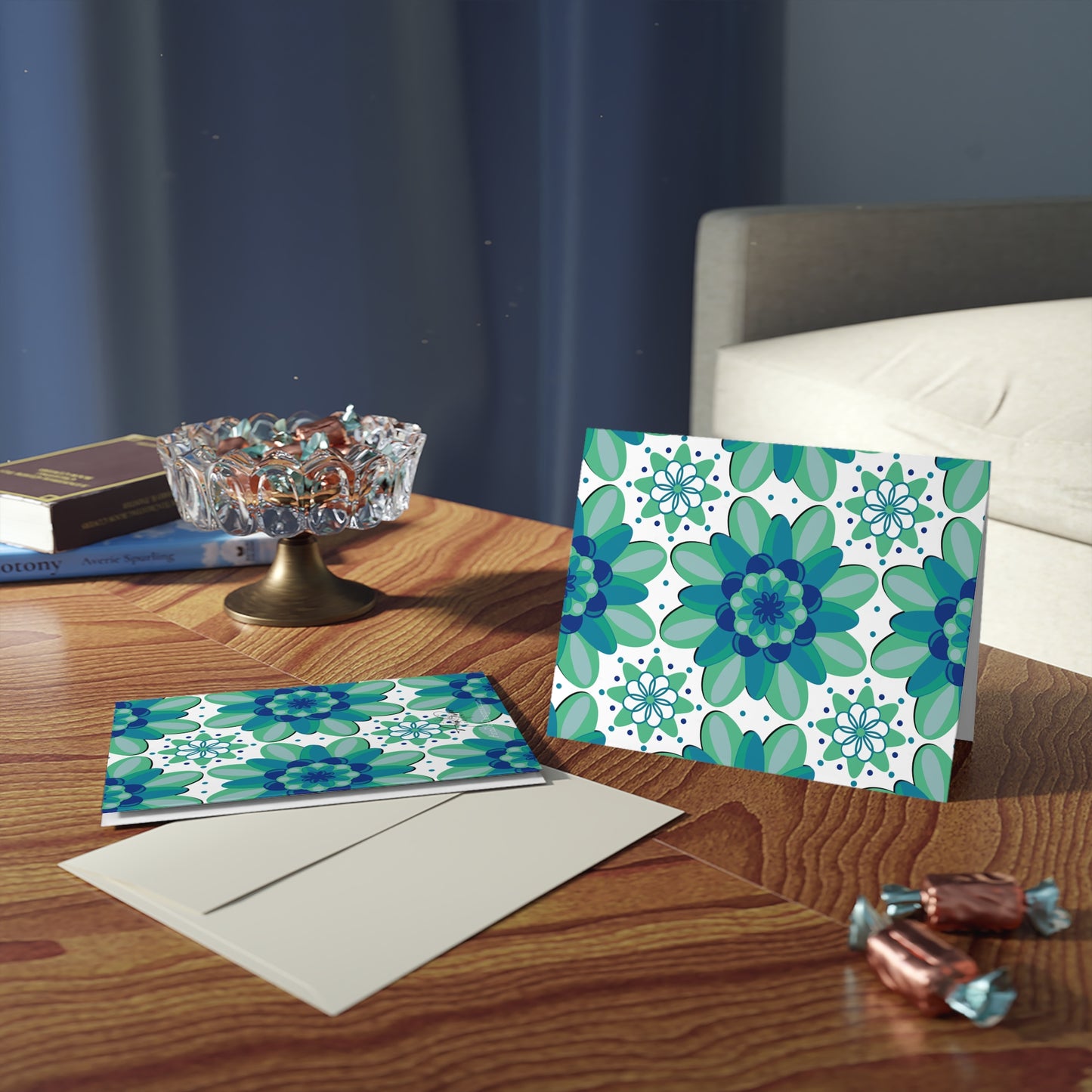 Blue and Green Floral Greeting Cards