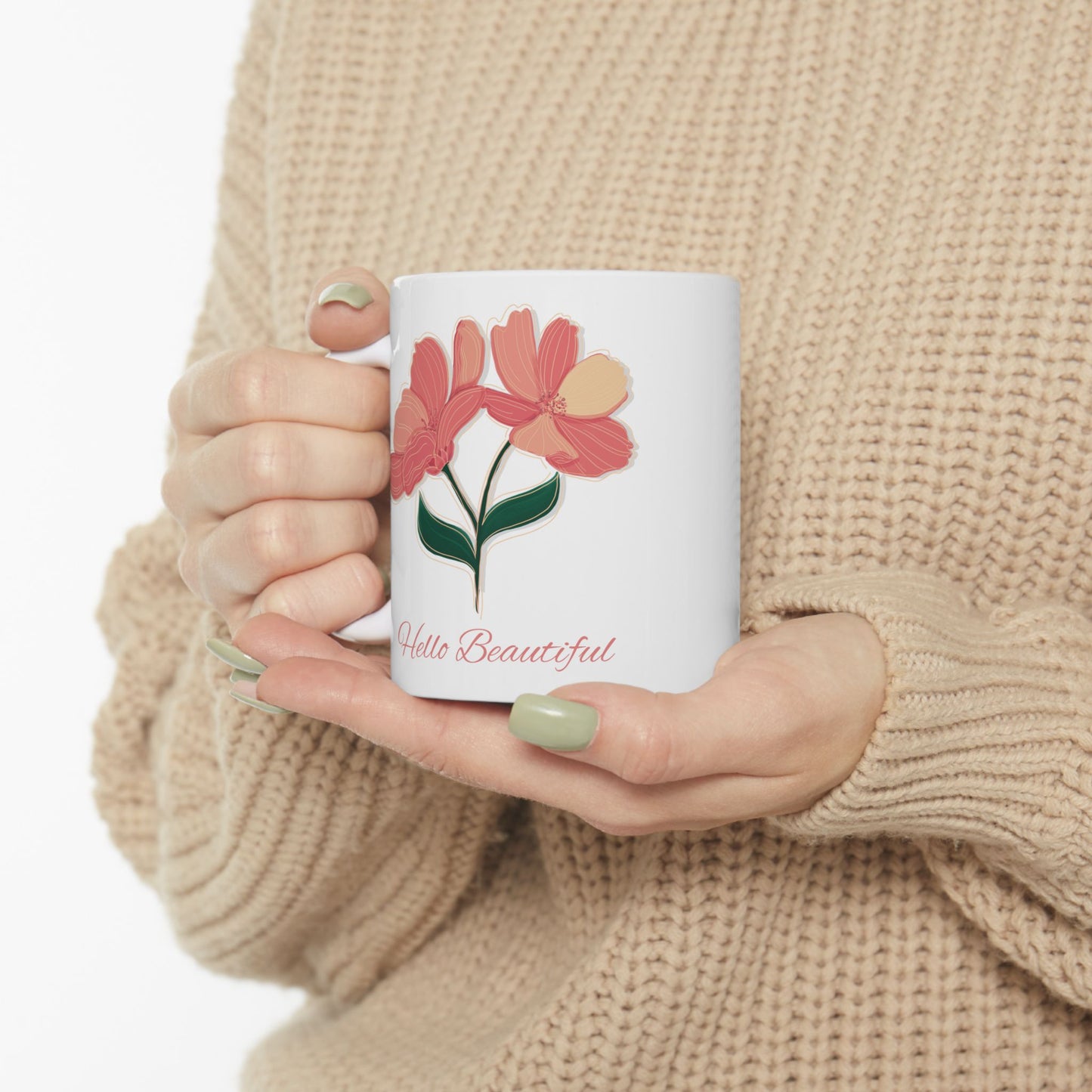 Floral Hello Beautiful Ceramic Mug (11 oz, 15 oz)