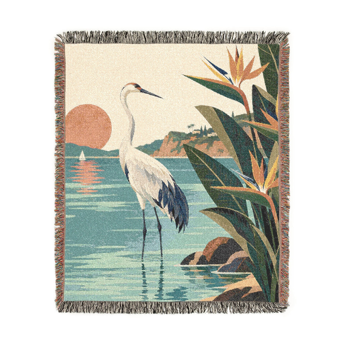 Tropical Heron Sunset Woven Blanket