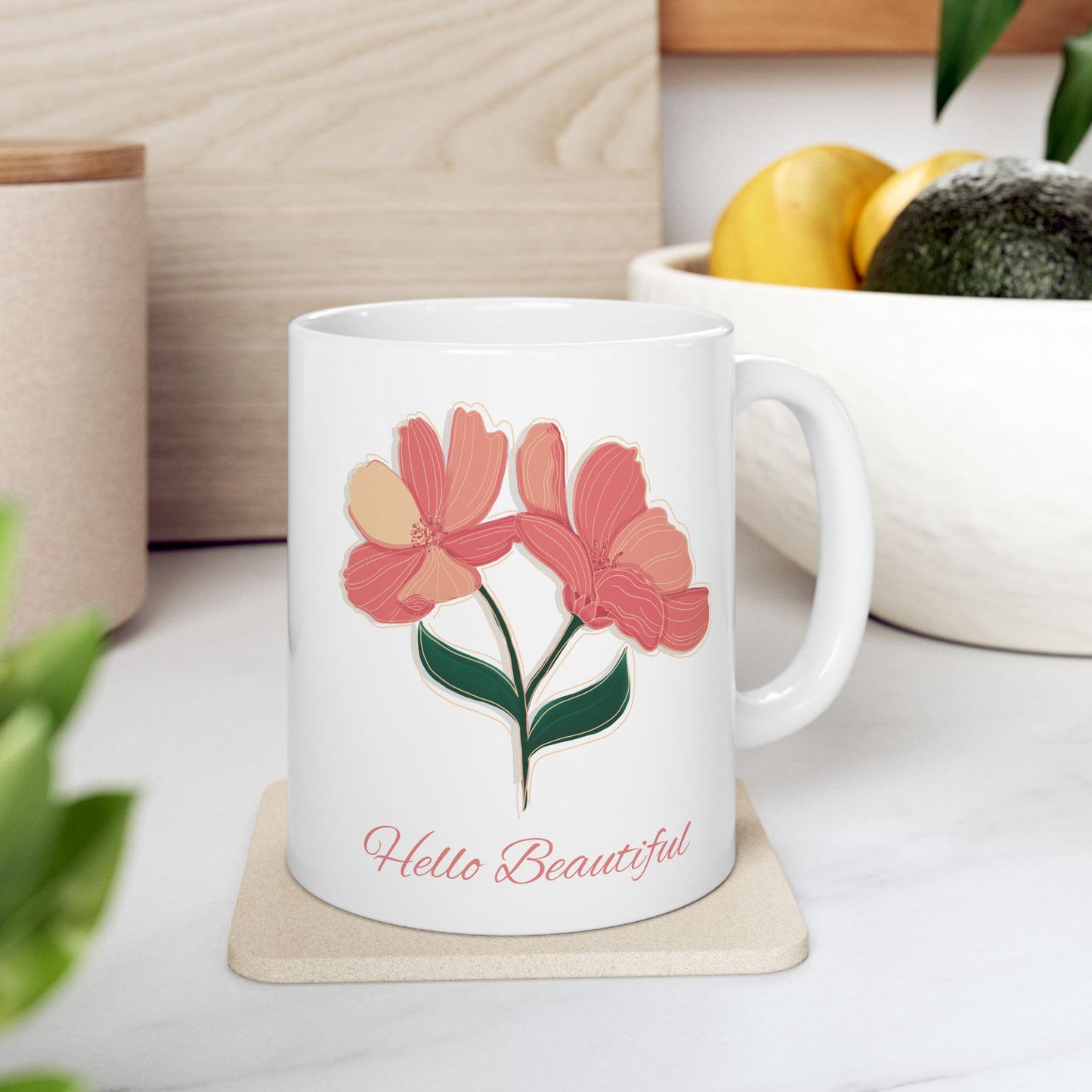 Floral Hello Beautiful Ceramic Mug (11 oz, 15 oz)