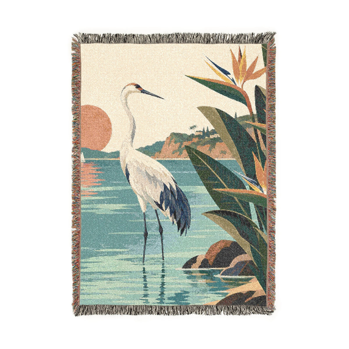 Tropical Heron Sunset Woven Blanket