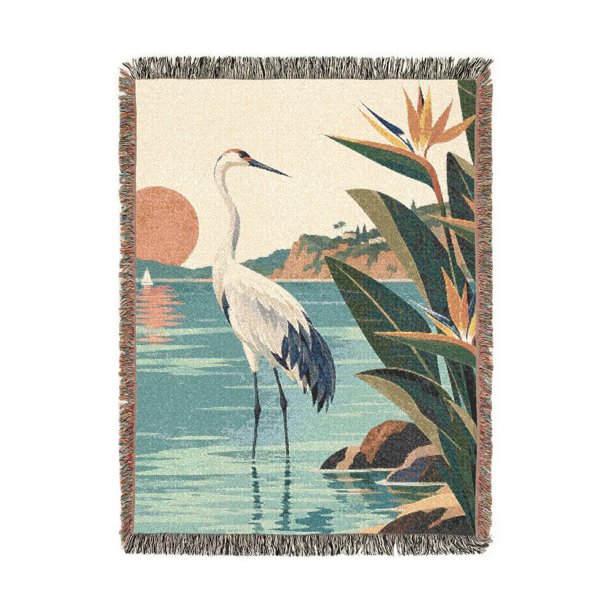 Tropical Heron Sunset Woven Blanket