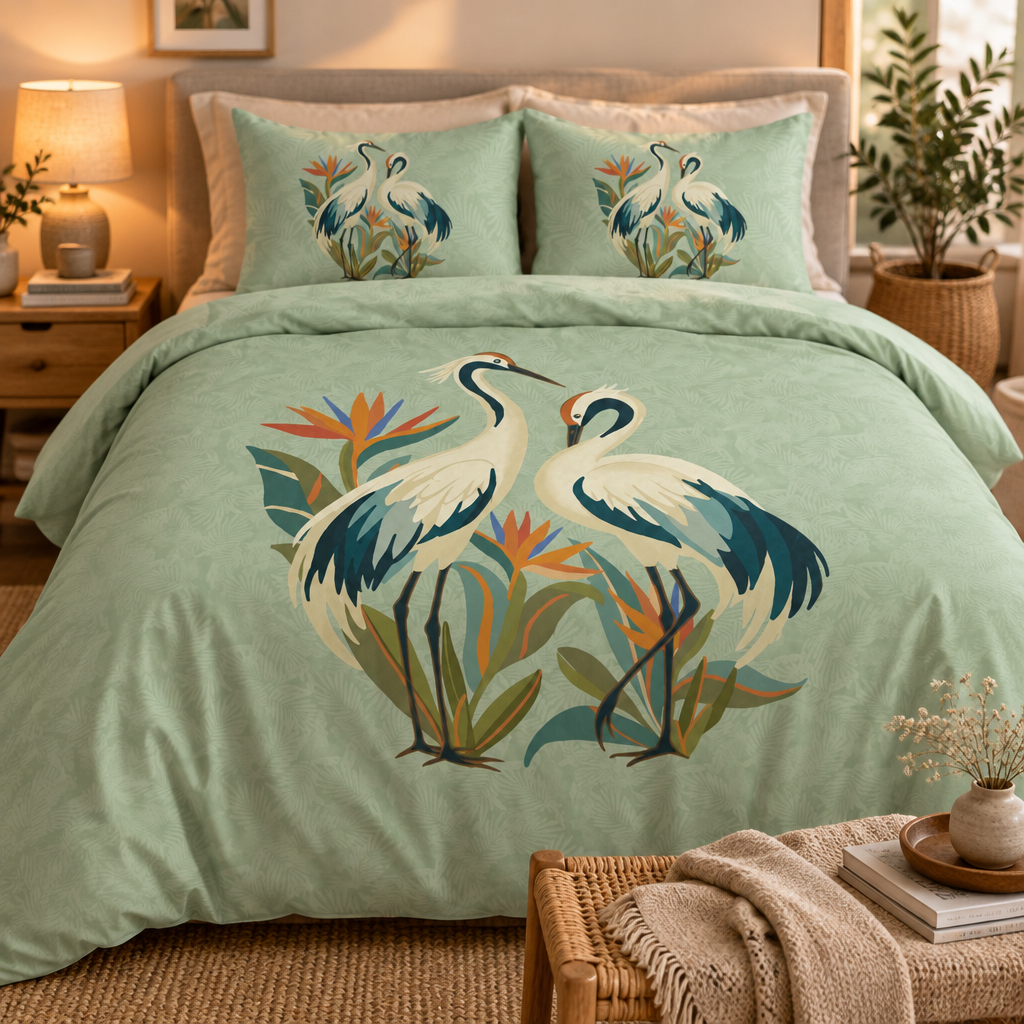 Cotton Bed Set with Vintage Heron and Tropical Botanical Design