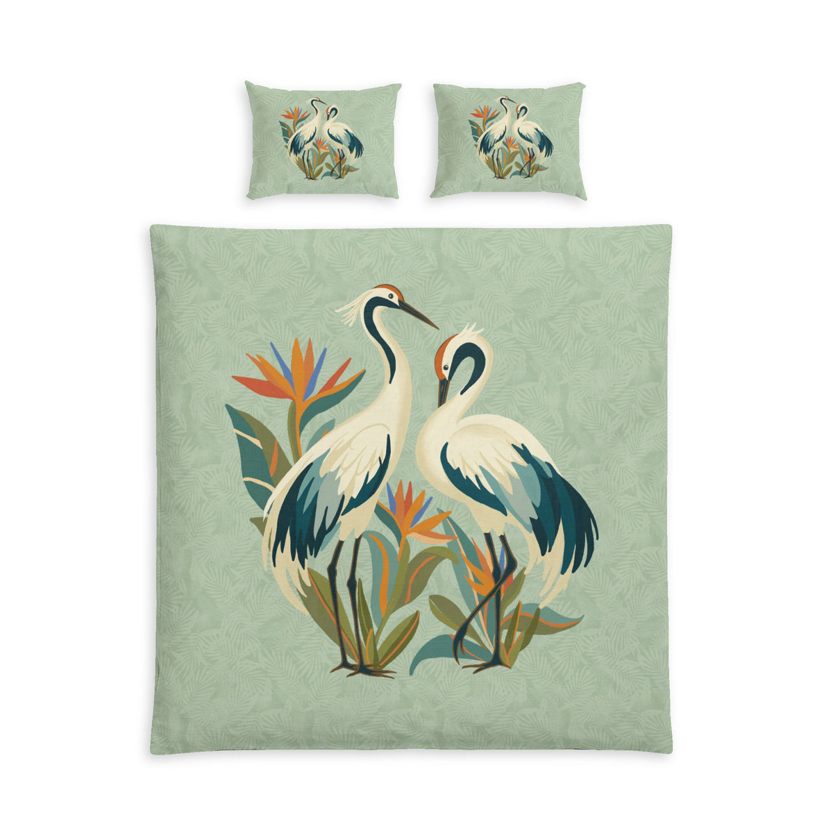 Cotton Bed Set with Vintage Heron and Tropical Botanical Design