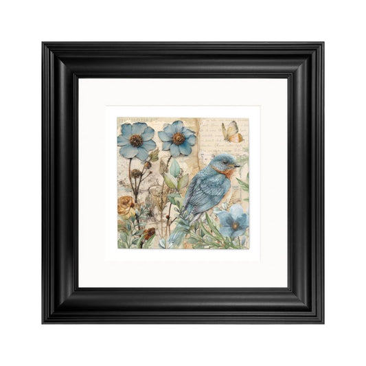 Vintage Bluebird Blue Floral Botanical Art Print Bird Lover Gift