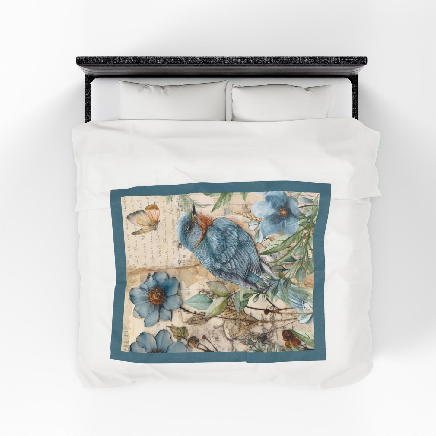 Vintage Bluebird Velveteen Plush Blanket — Soft Velvety Throw