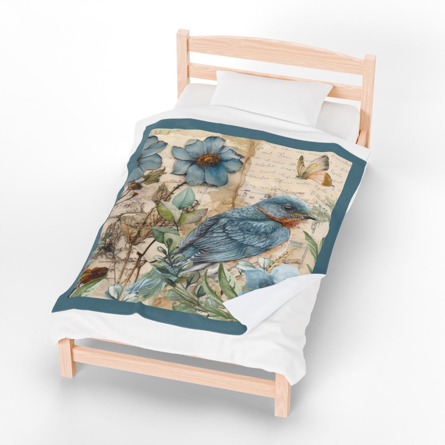 Vintage Bluebird Velveteen Plush Blanket — Soft Velvety Throw