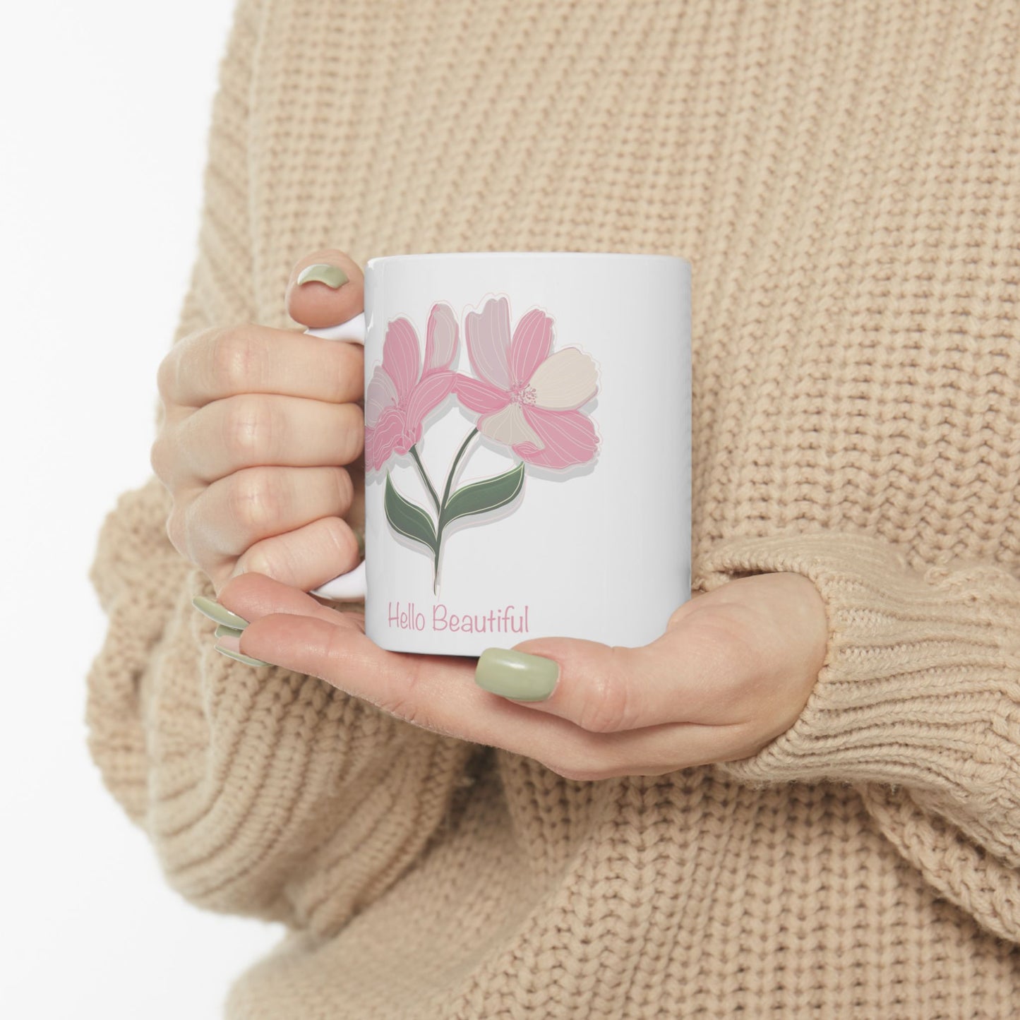 Pink Flowers Hello Beautiful Ceramic Mug (11oz, 15oz)