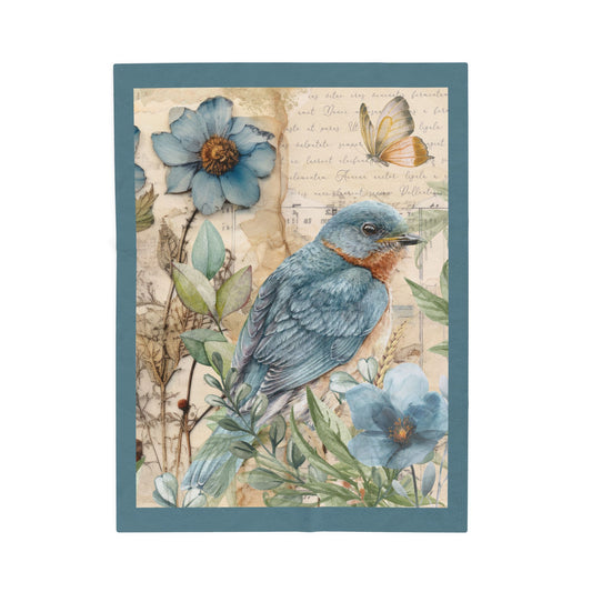 Vintage Bluebird Velveteen Plush Blanket — Soft Velvety Throw
