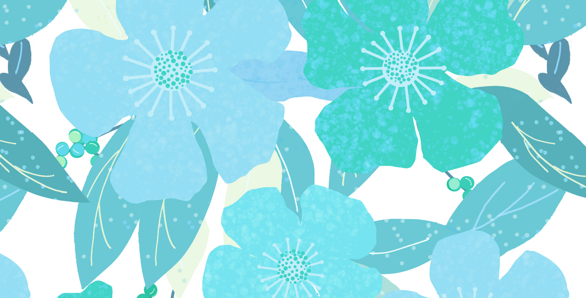 A seamless watercolor floral pattern featuring light blue, teal, and mint green flowers with leaves on a white background.