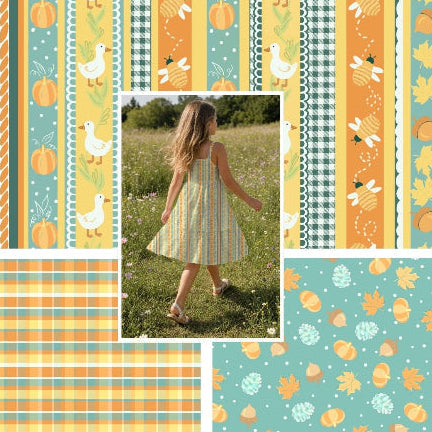 Fall fun collection with buzzing bees, geese, pumpkins, acorns, and fall leaves Perfect for fabric, wall paper, and bedding