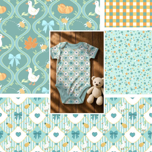 Pumpkins, geese, bows, stripes, buzzing bees, fall leaves, pumpkin vine, checkerboard pattern, fun fall dots