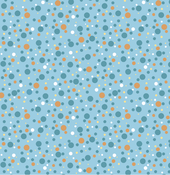 A repeating pattern of scattered polka dots in shades of blue, teal, orange, white, and pale yellow on a light blue background.