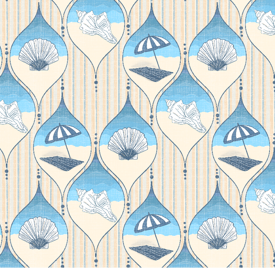 A repeating beach-themed pattern featuring blue teardrop shapes with seashells, umbrellas, and towels, set against a cream background with vertical stripes.