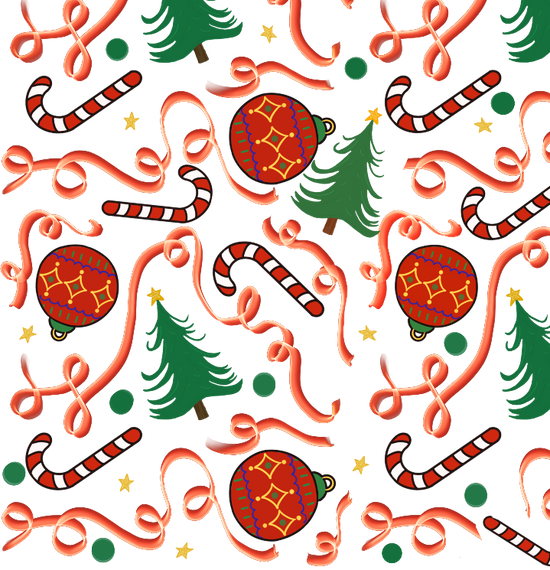 A repeating Christmas pattern featuring red ornaments with gold stars, green Christmas trees, red-and-white striped candy canes, and flowing red ribbon swirls on a white background.