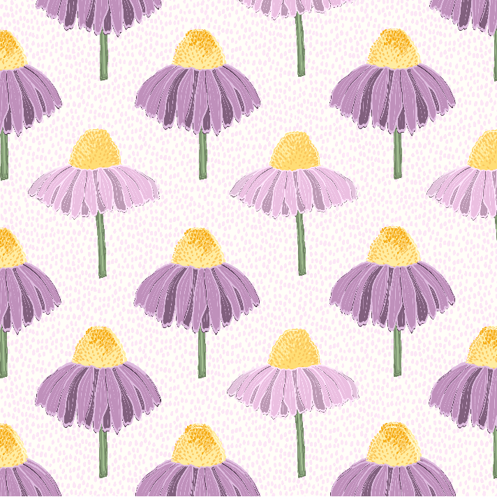A repeating floral pattern featuring purple coneflowers with yellow centers and green stems on a white background.