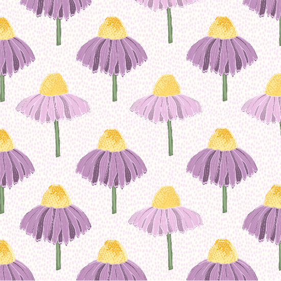 A repeating floral pattern featuring purple coneflowers with yellow centers and green stems on a white background.