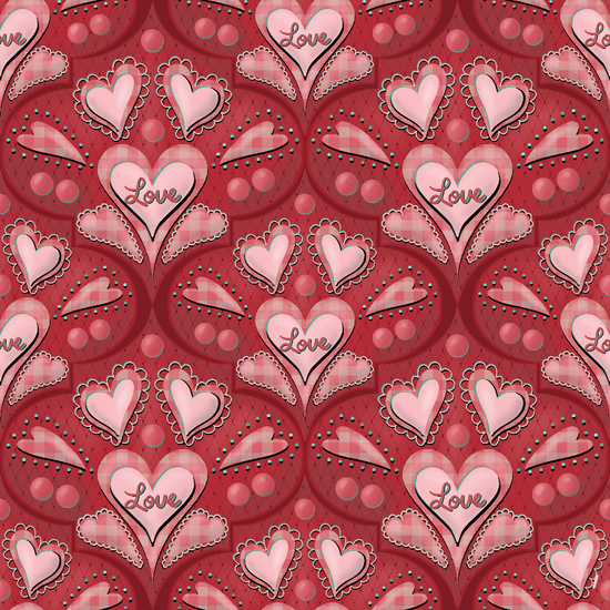 A repeating Valentine's Day pattern featuring pink hearts, scalloped hearts, and the word 'Love' written inside, set on a red background.