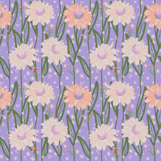 A repeating floral pattern featuring cream daisy-like flowers with pale purple centers, peach-orange flowers with lavender centers, and green stems on a light purple background with small white dots.
