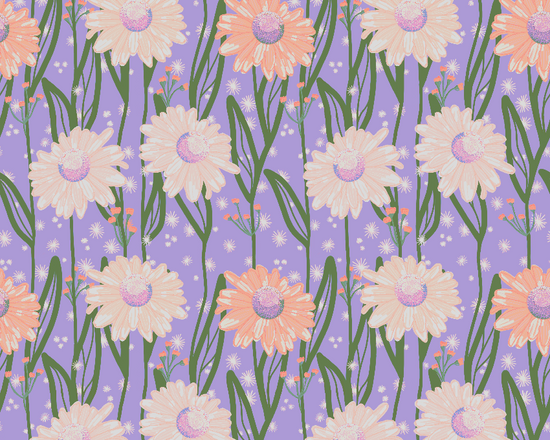 A repeating floral pattern featuring cream daisy-like flowers with pale purple centers, peach-orange flowers with lavender centers, and green stems on a light purple background with small white dots.