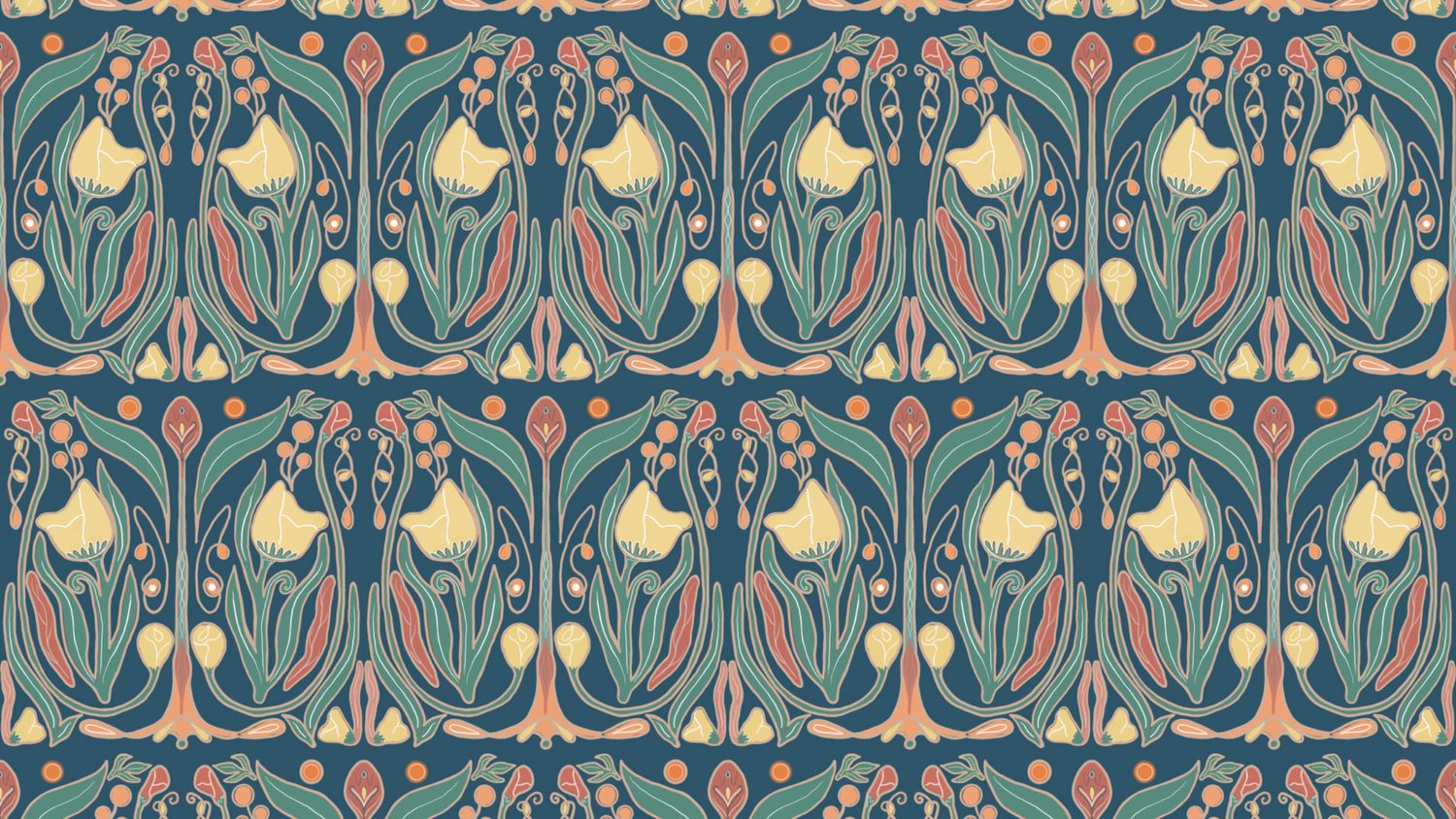 A repeating Art Nouveau style pattern featuring stylized floral and leaf motifs in muted teal, cream, peach, and rust on a dark blue background.